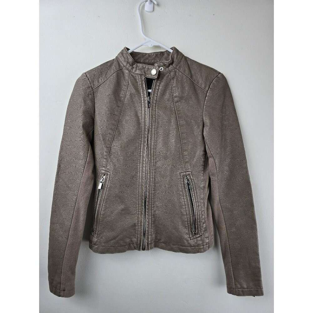 EXPRESS FAUX LEATHER JACKET Womens XS Full Zip Moto Biker Grunge Tan Beige